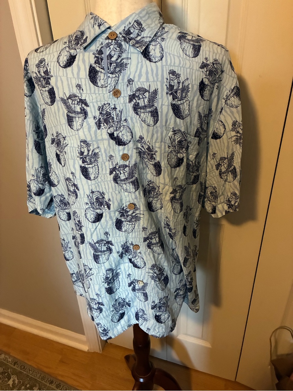 Tommy Bahama Light Blue Button-Down with Navy Tropical Print